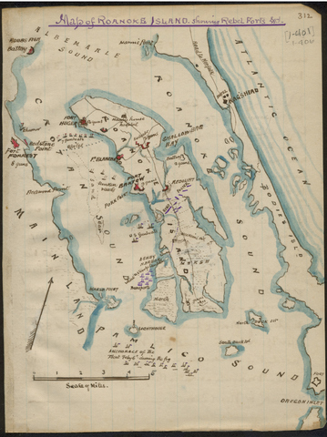 Map of Roanoke Island showing Rebel forts.