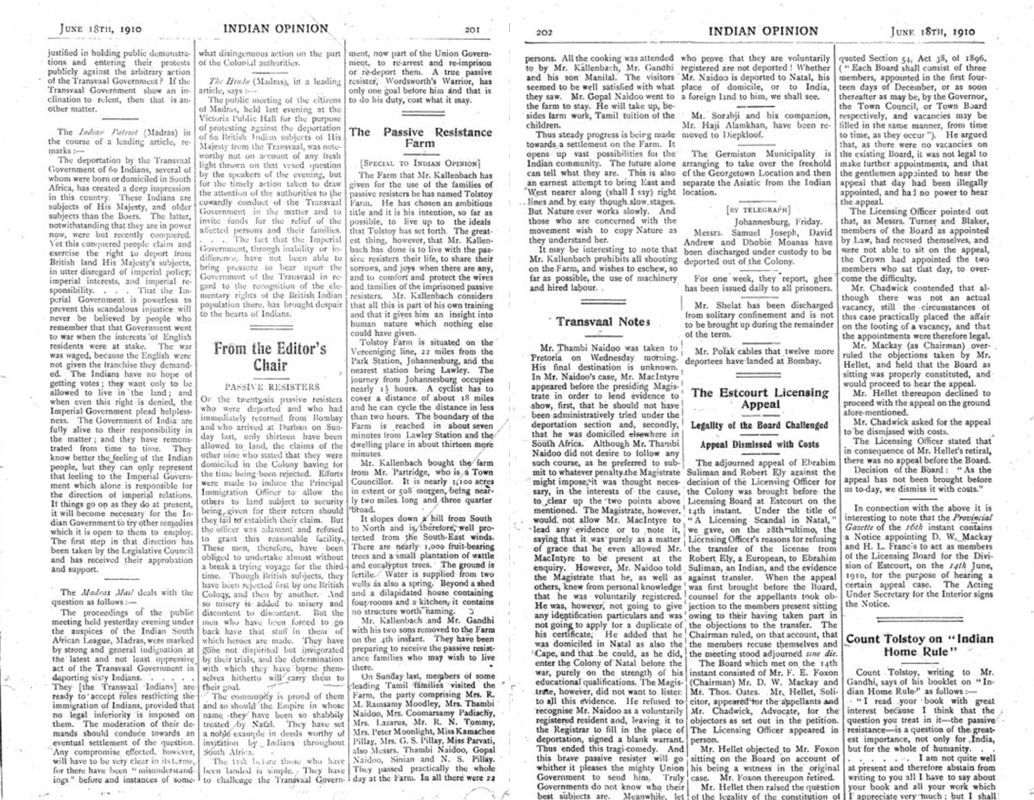 "The Passive Resistance Farm" essay in Indian Opinion